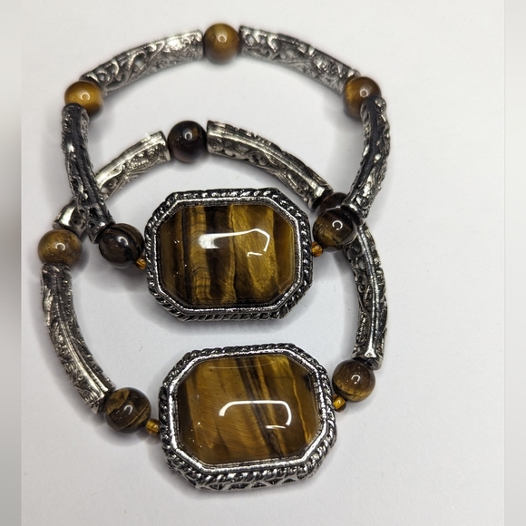 2 HSN Silvertone Tiger Eye Beads Octagon Center Feature Stone Stretch Bracelets - Picture 7 of 7